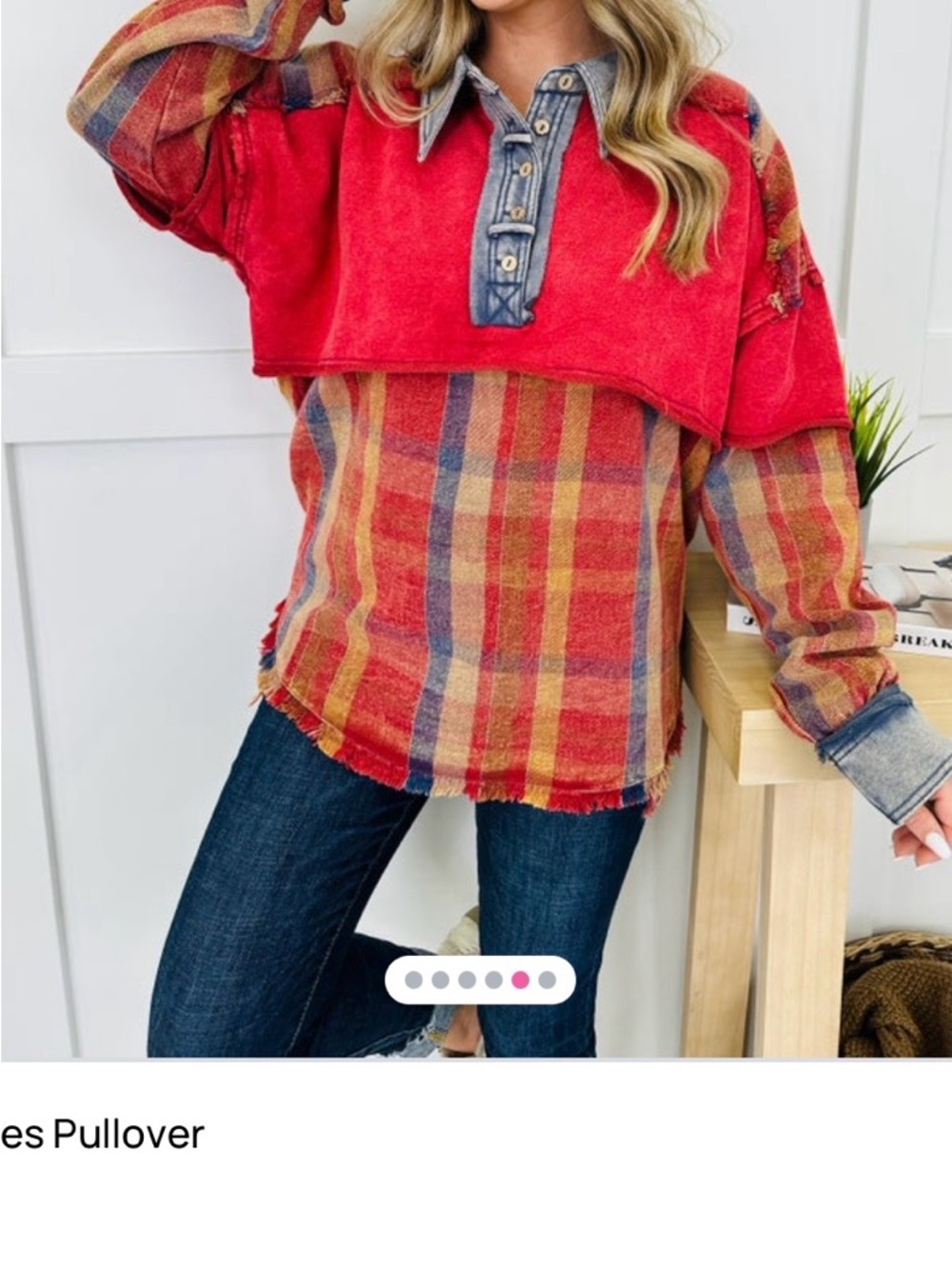 Oli & Hali Red Plaid Layered Pullover with Denim Trim - Picture 4 of 6